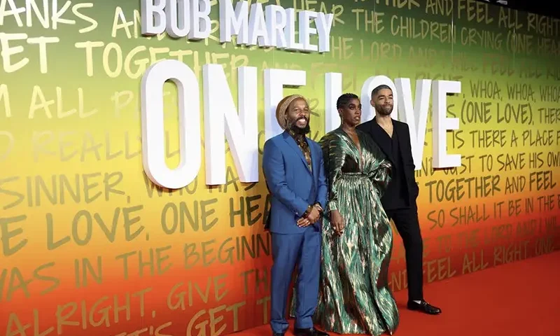 Actors Kingsley Ben-Adir, Lashana Lynch and producer Ziggy Marley attend the premiere of the film 'Bob Marley: One Love' at the British Film Institute in London, Britain, January 30, 2024. REUTERS/Hannah McKay