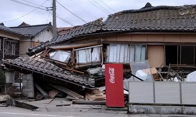 A house is damaged by an earthquake in Wajima, Ishikawa prefecture, Japan. (Kyodo News via AP)