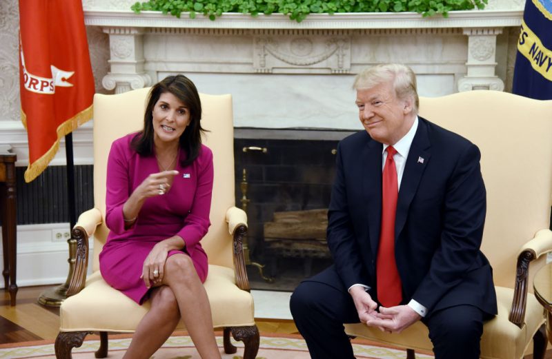 US President Donald Trump meets with Nikki Haley, the United States Ambassador to the United Nations in the Oval office of the White House on October 9, 2018 in Washington, DC. - Nikki Haley resigned Tuesday as the US ambassador to the United Nations, in the latest departure from President Donald Trump's national security team. Meeting Haley in the Oval Office, Trump said that Haley had done a "fantastic job" and would leave at the end of the year. (Photo by Olivier Douliery / AFP) (Photo credit should read OLIVIER DOULIERY/AFP via Getty Images)
