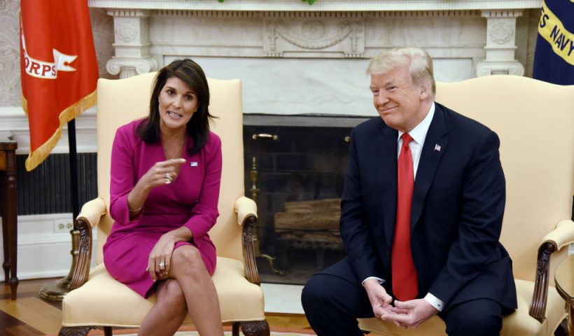 US President Donald Trump meets with Nikki Haley, the United States Ambassador to the United Nations in the Oval office of the White House on October 9, 2018 in Washington, DC. - Nikki Haley resigned Tuesday as the US ambassador to the United Nations, in the latest departure from President Donald Trump's national security team. Meeting Haley in the Oval Office, Trump said that Haley had done a "fantastic job" and would leave at the end of the year. (Photo by Olivier Douliery / AFP) (Photo credit should read OLIVIER DOULIERY/AFP via Getty Images)