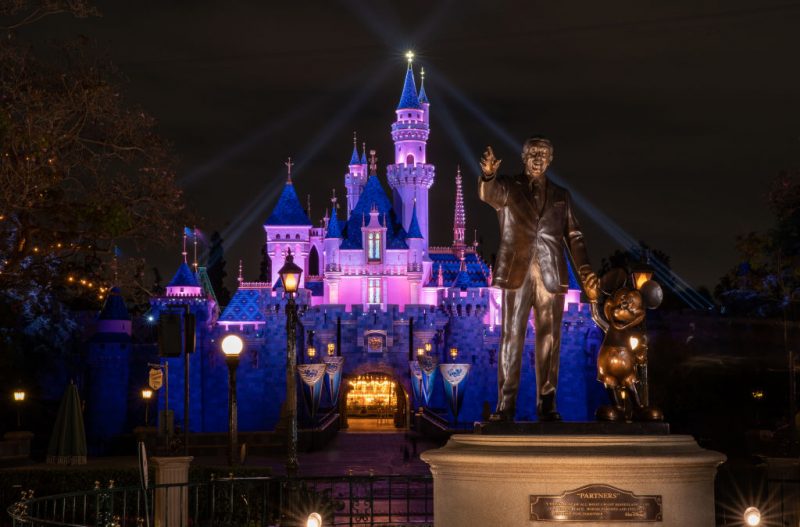 ANAHEIM, CA - APRIL 26: In this handout photo provided by Disneyland Resort, a view of Sleeping Beauty Castle in Disneyland Park illuminated during a special live streamed moment to welcome Cast Members back to the resort on April 26, 2021 at Disneyland Resort in Anaheim, California. Disneyland Resort theme parks will reopen to guests on Friday, April 30, 2021. (Photo by Christian Thompson/Disneyland Resort via Getty Images)