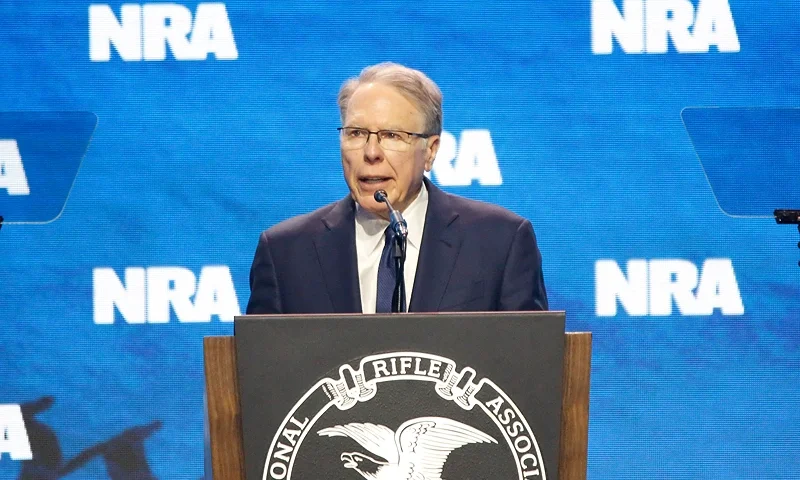 NRA Executive Vice President and CEO Wayne LaPierre speaks during the 152nd National Rifle Association (NRA) annual Covention at the Indiana Convention Center in Indianapolis, Indiana, on April 14, 2023. (Photo by Alex WROBLEWSKI / AFP) (Photo by ALEX WROBLEWSKI/AFP via Getty Images)