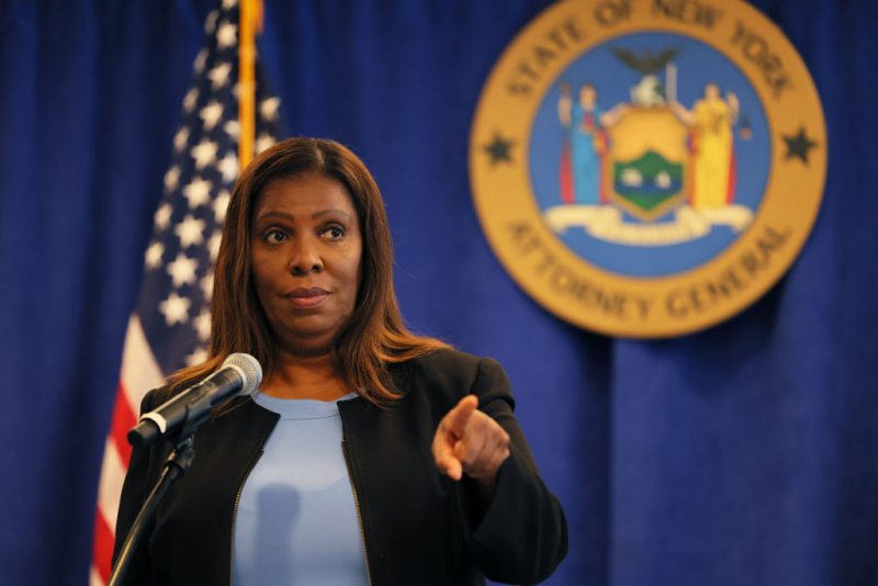 NEW YORK, NEW YORK - JULY 13: New York Attorney General Letitia James speaks during a press conference at the office of the Attorney General on July 13, 2022 in New York City. NY AG James announced today that her office has reached a settlement of $500,000 for more than a dozen current and former employees of the Sweet and Vicious, a bar in Manhattan, after a 16-month investigation into allegations of sexual harassment, discrimination and wage theft at the establishment. (Photo by Michael M. Santiago/Getty Images)