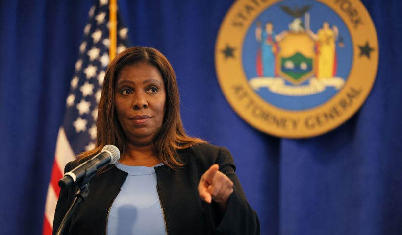NEW YORK, NEW YORK - JULY 13: New York Attorney General Letitia James speaks during a press conference at the office of the Attorney General on July 13, 2022 in New York City. NY AG James announced today that her office has reached a settlement of $500,000 for more than a dozen current and former employees of the Sweet and Vicious, a bar in Manhattan, after a 16-month investigation into allegations of sexual harassment, discrimination and wage theft at the establishment. (Photo by Michael M. Santiago/Getty Images)