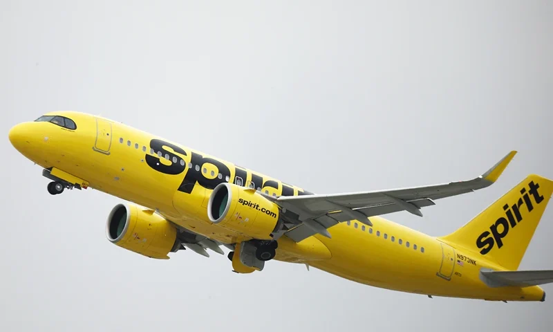 Spirit Airlines Experiencing Widespread Technicality Difficulties Causes Nationwide Delays LOS ANGELES, CALIFORNIA - JUNE 01: A Spirit Airlines plane takes off at Los Angeles International Airport (LAX) on June 1, 2023 in Los Angeles, California. Over 40 percent of Spirit Airlines flights around the country were delayed today following a technical issue with its app, website and airport kiosks. (Photo by Mario Tama/Getty Images)
