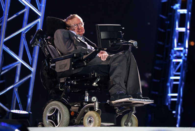 LONDON, ENGLAND - AUGUST 29: Professor Stephen Hawking speaks during the Opening Ceremony of the London 2012 Paralympics at the Olympic Stadium on August 29, 2012 in London, England. (Photo by Dan Kitwood/Getty Images)