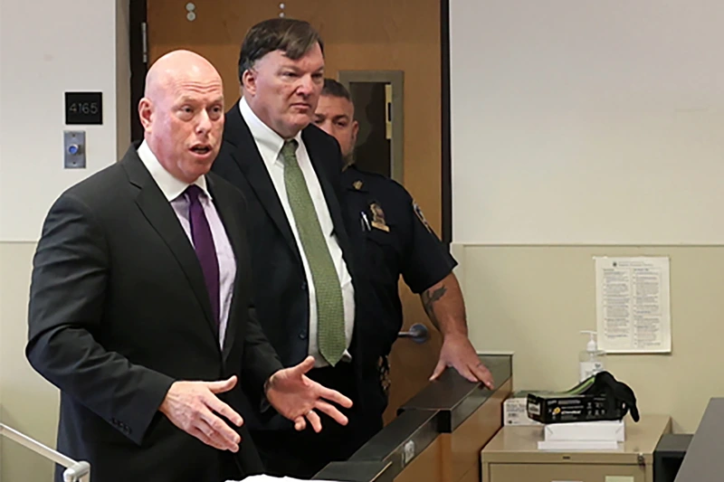 Accused Gilgo Killer Rex Heuermann Attends Court Hearing Ahead Of Trial
RIVERHEAD, NY - NOVEMBER 15: Rex Heuermann (2nd L), who was arrested for the killing of three sex workers in Gilgo Beach, New York, appears with attorney Michael J. Brown for a hearing at the Arthur M. Cromarty Courthouse on November 15, 2023 in Riverhead, New York. Heuermann is also the prime suspect in a fourth killing. (Photo by James Carbone-Pool/Getty Images)