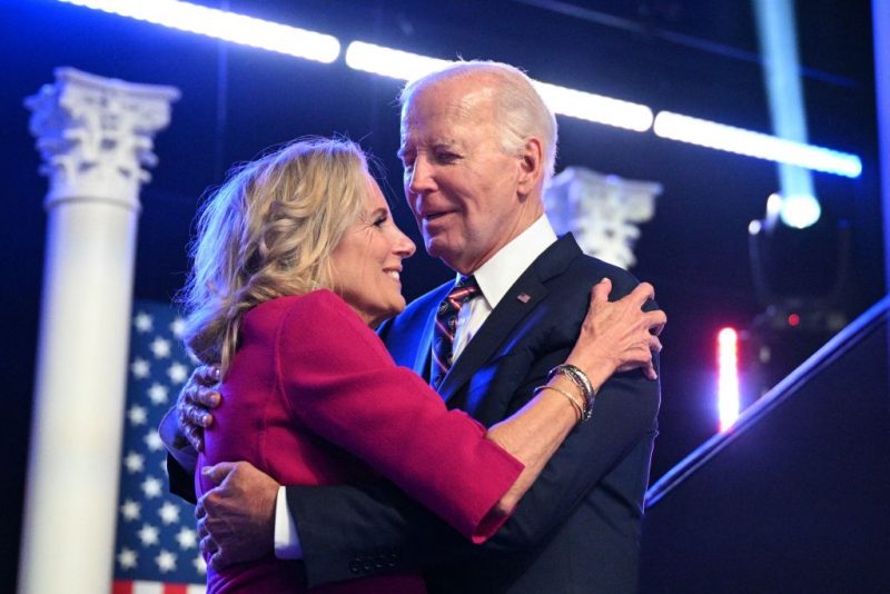 US President Joe Biden and First Lady Jill Biden embrace after he spoke at Montgomery County Community College in Blue Bell, Pennsylvania, on January 5, 2024. Biden's speech comes ahead of the third anniversary of the assault on the US Capitol. (Photo by Mandel NGAN / AFP) (Photo by MANDEL NGAN/AFP via Getty Images)