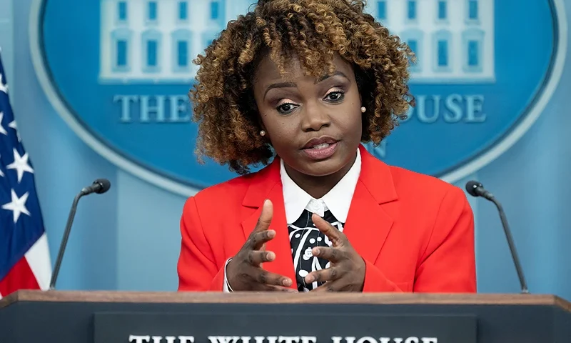 White House Press Secretary Karine Jean-Pierre speaks during a press briefing in the Brady Press Briefing Room of the White House in Washington, DC, January 17, 2024. (Photo by SAUL LOEB / AFP) (Photo by SAUL LOEB/AFP via Getty Images)