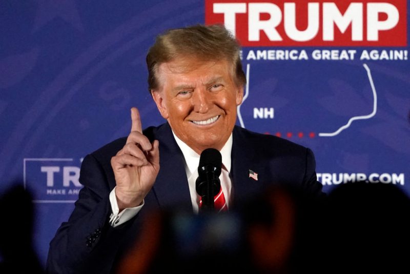 TOPSHOT - Republican presidential hopeful and former US President Donald Trump gestures as he speaks during a rally in Laconia, New Hampshire, January 22, 2024. (Photo by TIMOTHY A. CLARY / AFP) (Photo by TIMOTHY A. CLARY/AFP via Getty Images)