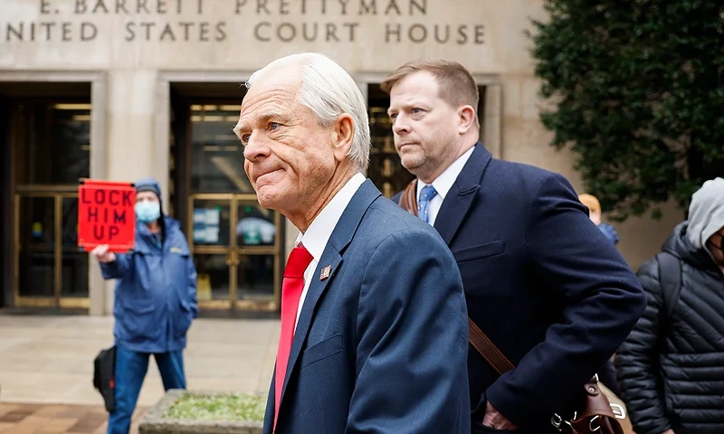 WASHINGTON, DC - JANUARY 25: Peter Navarro (L), a former advisor to former U.S. President Donald Trump, departs the E. Barrett Prettyman Courthouse on January 25, 2024 in Washington, DC. Navarro was sentenced to four months in prison for criminal contempt of Congress after defying a House subpoena related to the January 6 investigation. (Photo by Anna Moneymaker/Getty Images)