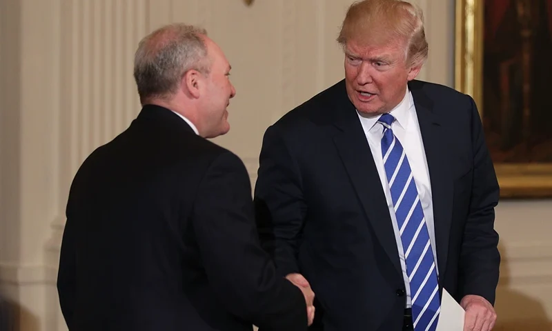 President Trump Meets With House Deputy White Team At The White House WASHINGTON, DC - MARCH 07: U.S. President Donald Trump (R) shakes hands with House Majority Whip Rep. Steve Scalise (R-LA) (L) during a meeting with the House Deputy Whip team at the East Room of the White House March 7, 2017 in Washington, DC. President Trump met with the House Deputy Whip team to discuss the new House Republican Healthcare Bill. (Photo by Alex Wong/Getty Images)