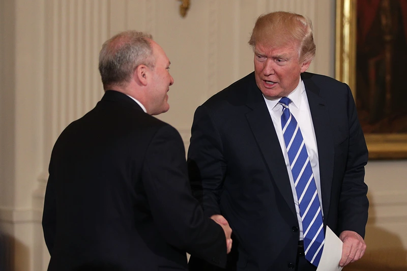 President Trump Meets With House Deputy White Team At The White House
WASHINGTON, DC - MARCH 07: U.S. President Donald Trump (R) shakes hands with House Majority Whip Rep. Steve Scalise (R-LA) (L) during a meeting with the House Deputy Whip team at the East Room of the White House March 7, 2017 in Washington, DC. President Trump met with the House Deputy Whip team to discuss the new House Republican Healthcare Bill. (Photo by Alex Wong/Getty Images)
