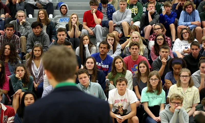 Tyler Ruzich, 17, of Prairie Village, Kansas, speaks during a forum with the three other teenage candidates for Kansas Governor at Free State High School in Lawrence, Kansas, on October 19, 2017. The state of Kansas has no age restrictions for gubernatorial candidates. The mid-term election will be held on November 6, 2018. / AFP PHOTO / Christopher Smith (Photo credit should read CHRISTOPHER SMITH/AFP via Getty Images)