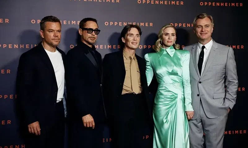 Director Christopher Nolan, cast members Matt Damon, Robert Downey Jr., Cillian Murphy and Emily Blunt pose during a photocall before the premiere of the film "Oppenheimer" at the Grand Rex in Paris, France, July 11, 2023. REUTERS/Sarah Meyssonnier/File Photo