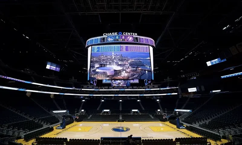 Interior overall view of Chase Center with the exterior displayed on the videoboard. Mandatory Credit: Kyle Terada-USA TODAY Sports