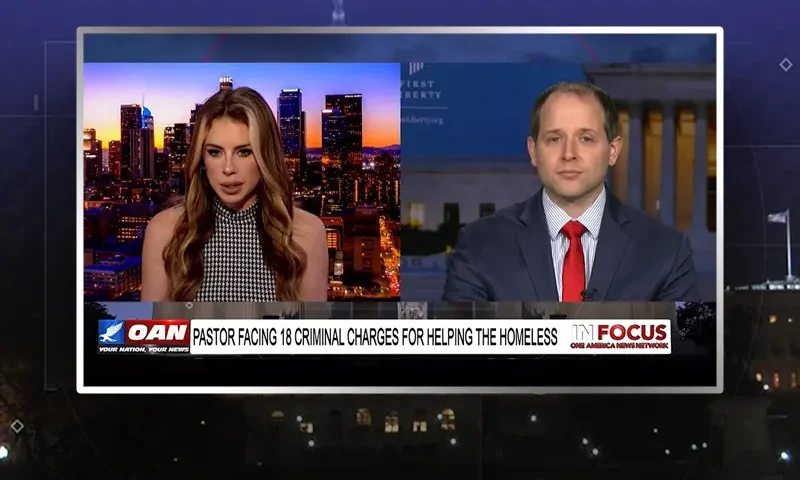 Video still from In Focus on One America News Network showing a split screen of the host on the left side, and on the right side is the guest, Attorney Ryan Gardner.
