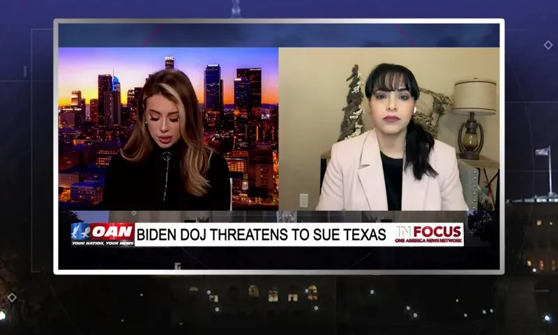 Video still from In Focus on One America News Network showing a split screen of the host on the left side, and on the right side is the guest, Mayra Flores.