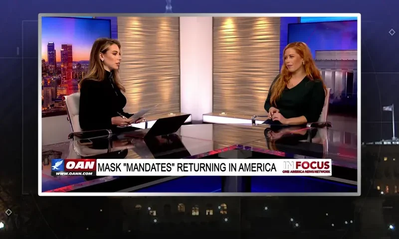 Video still from In Focus on One America News Network during an interview with the guest, Chrissie Mayr.