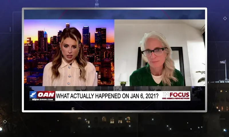Video still from In Focus on One America News Network showing a split screen of the host on the left side, and on the right side is the guest, Wendi Mahoney.