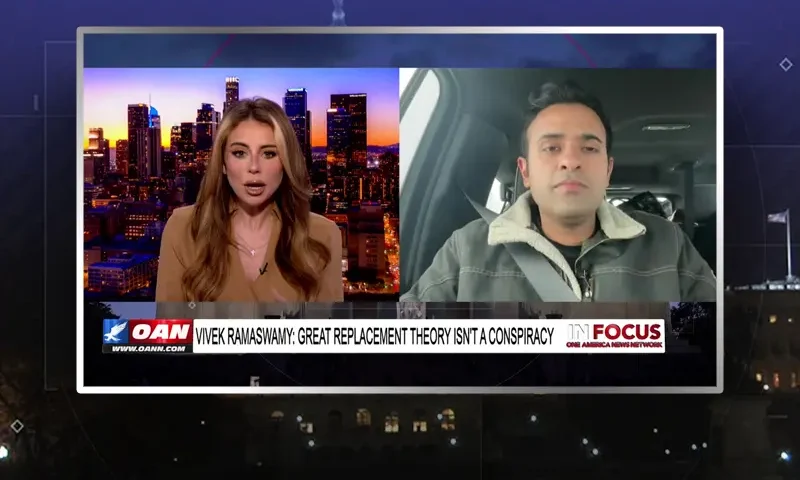 Video still from In Focus on One America News Network showing a split screen of the host on the left side, and on the right side is the guest, Vivek Ramaswamy.