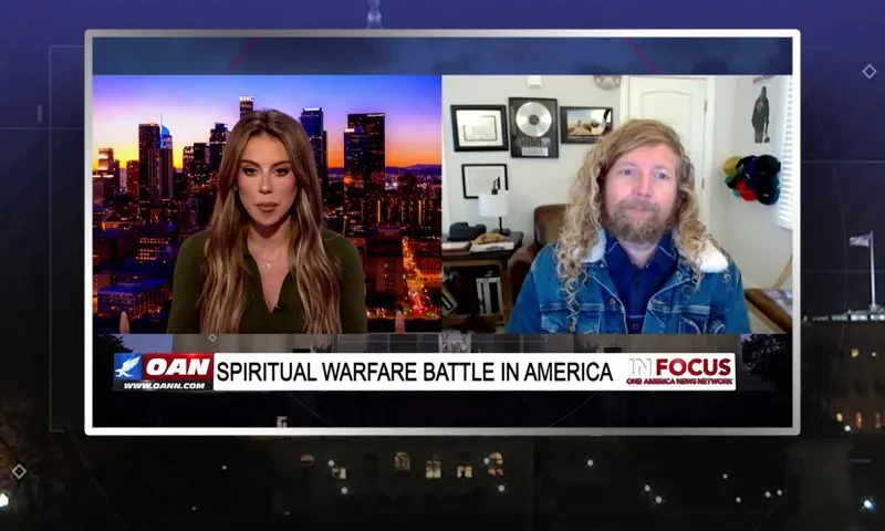 Video still from In Focus on One America News Network showing a split screen of the host on the left side, and on the right side is the guest, Sean Feucht.