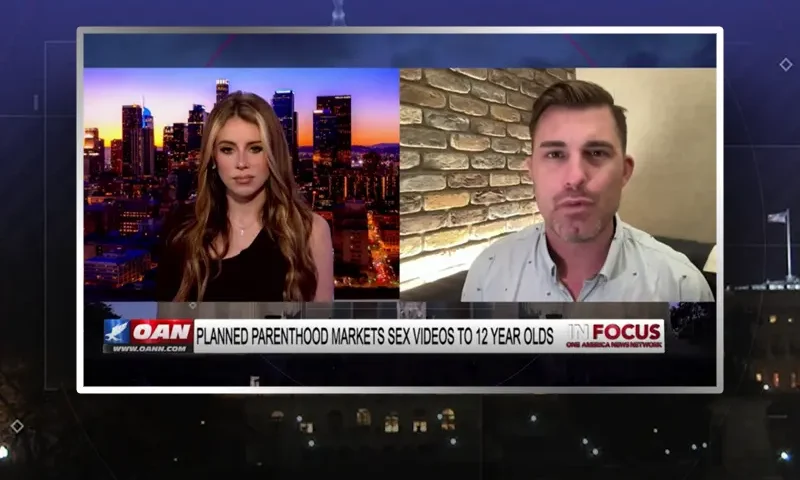 Video still from In Focus on One America News Network showing a split screen of the host on the left side, and on the right side is the guest, AJ Hurley.