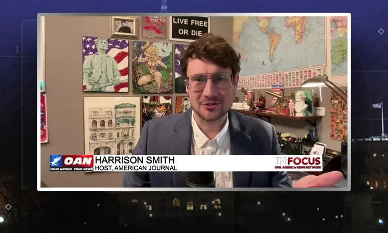 Video still from In Focus on One America News Network during an interview with the guest, Harrison Smith.