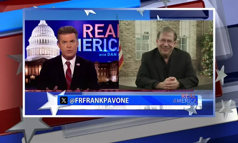 Video still from Real America on One America News Network showing a split screen of the host on the left side, and on the right side is the guest, Father Frank Pavone.