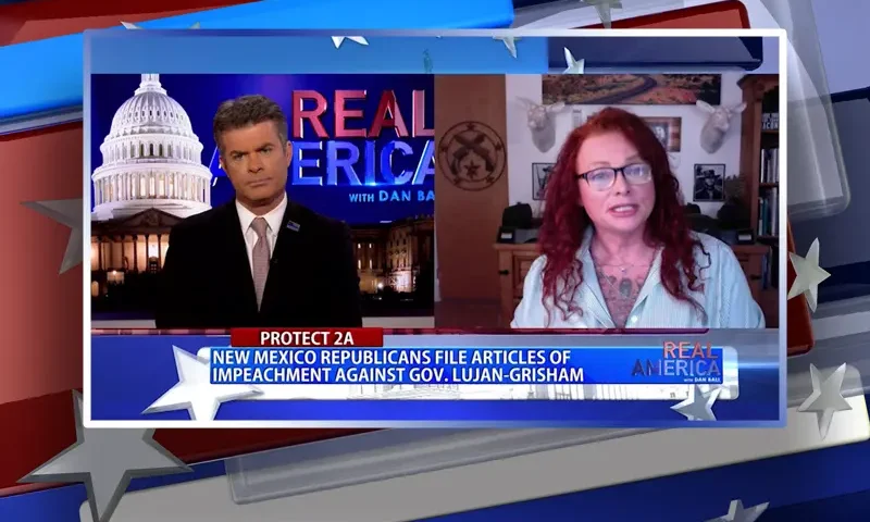 Video still from Real America on One America News Network showing a split screen of the host on the left side, and on the right side is the guest, Stefani Lord.
