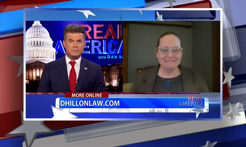 Video still from Real America on One America News Network showing a split screen of the host on the left side, and on the right side is the guest, Karin Sweigart.