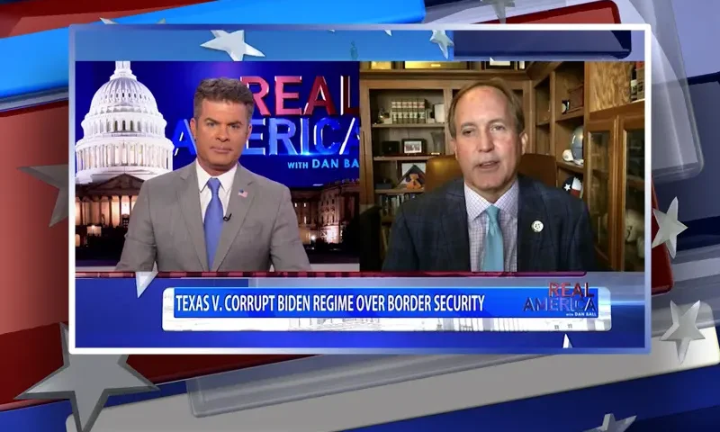 Video still from Real America on One America News Network showing a split screen of the host on the left side, and on the right side is the guest, Attorney General Ken Paxton.