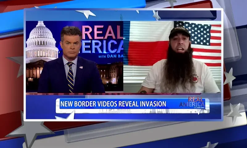 Video still from Real America on One America News Network showing a split screen of the host on the left side, and on the right side is the guest, Jerry Pena.