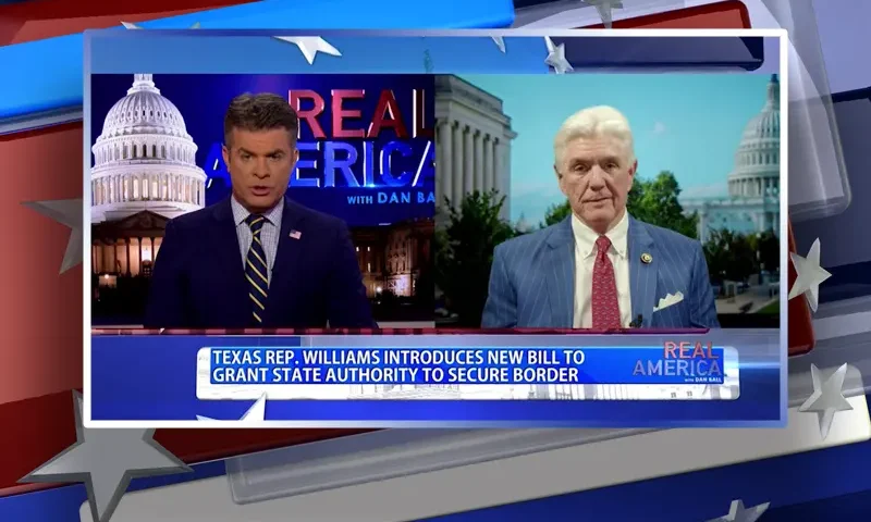 Video still from Real America on One America News Network showing a split screen of the host on the left side, and on the right side is the guest, Rep. Roger Williams.