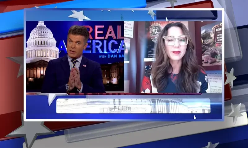 Video still from Real America on One America News Network showing a split screen of the host on the left side, and on the right side is the guest, Kim Yeater.