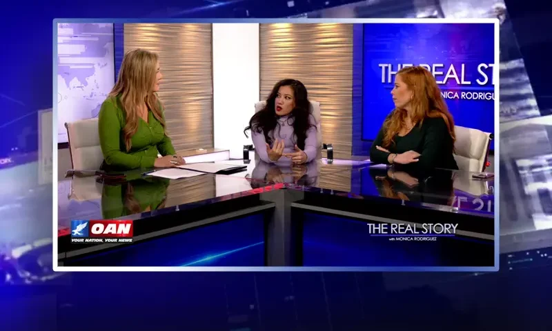 Video still from The Real Story on One America News Network during an interview with the guests, Chrissie Mayr and Lila Hart.
