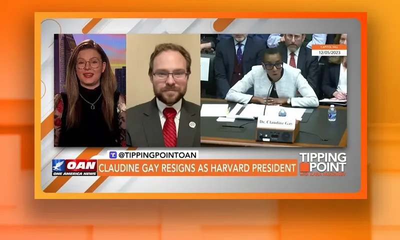 Video still from Tipping Point on One America News Network showing a split screen of the host on the left side, and on the right side is the guest, Tyler O'Neil.