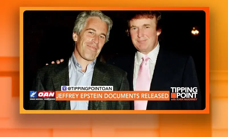 Video still of Jeffrey Epstein with Donald Trump from Tipping Point on One America News Network