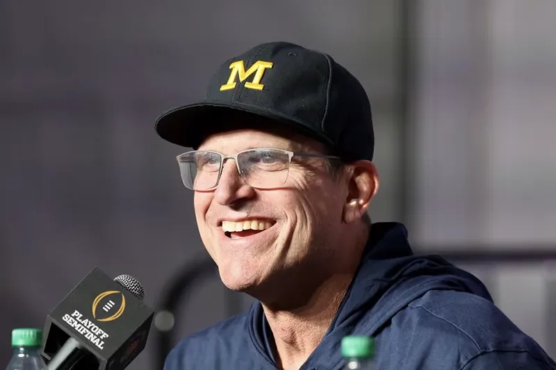 Michigan Wolverines head coach Jim Harbaugh speaks in a press conference after defeating the Alabama Crimson Tide in the 2024 Rose Bowl college football playoff semifinal game at Rose Bowl./Kiyoshi Mio-USA TODAY Sports/File Photo