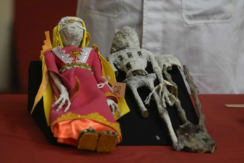 Dolls that were seized by authorities are displayed during a press conference to explain what they are made of at the Archeology Museum in Lima, Peru, Friday, Jan. 12, 2024. According to forensic archaeologist Flavio Estrada from Peru's prosecutor's office, two dolls and a three-fingered hand, which were seized before being shipped to Mexico, are constructed of paper, glue, metal, human and animal bones. (AP Photo/Martin Mejia)