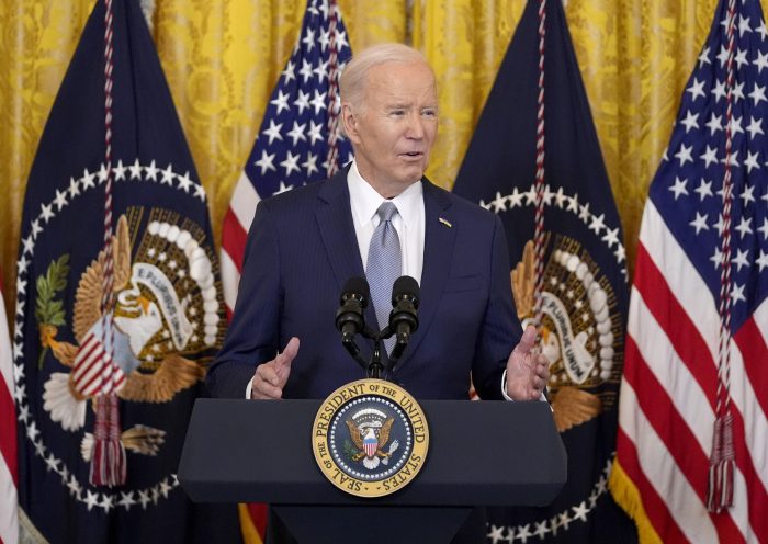 President Joe Biden speaks to the National Governors Association during an event in the East Room of the White House, Friday, Feb. 23, 2024, in Washington. (AP Photo/Evan Vucci)