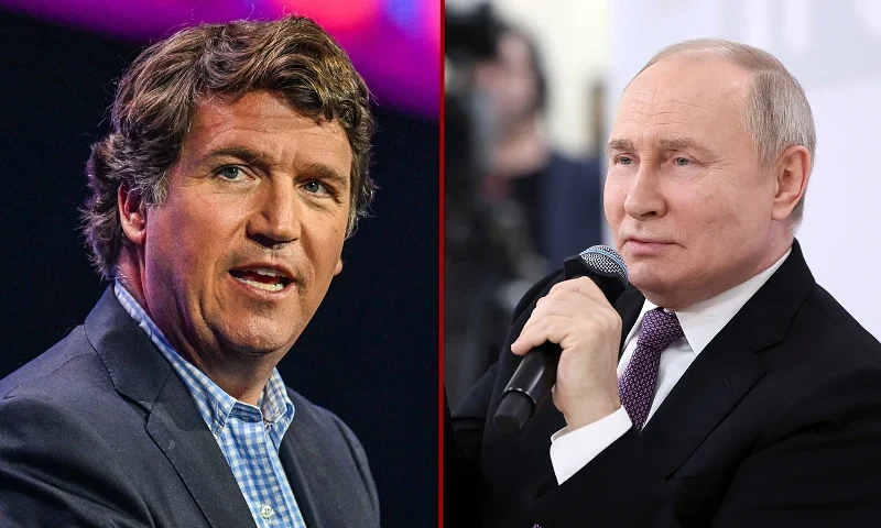 (L) US conservative political commentator Tucker Carlson speaks at the Turning Point Action USA conference in West Palm Beach, Florida, on July 15, 2023. (Photo by GIORGIO VIERA / AFP) (Photo by GIORGIO VIERA/AFP via Getty Images) /(R) In this pool photograph distributed by Russian state agency Sputnik, Russia's President Vladimir Putin meets with participants in the Everything for the Victory forum in Tula on February 2, 2024. (Photo by Alexander KAZAKOV / POOL / AFP) (Photo by ALEXANDER KAZAKOV/POOL/AFP via Getty Images)
