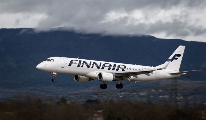 An Embraer 190 commercial plane with registration OH-LKI of Nordic carrier Finnair is seen landing at Geneva Airport on March 11, 2019 in Geneva. (Photo by Fabrice COFFRINI / AFP) (Photo by FABRICE COFFRINI/AFP via Getty Images)