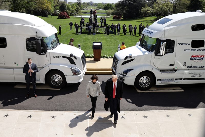 WASHINGTON, DC - APRIL 16: U.S. President Donald Trump and Secretary of Transportation Elaine Chao leave after an event “celebrating America’s Truckers” at the South Lawn of the White House April 16, 2020 in Washington, DC. President Trump honored American truckers for their efforts to move food and supplies around the country during the COVID-19 pandemic. (Photo by Alex Wong/Getty Images)