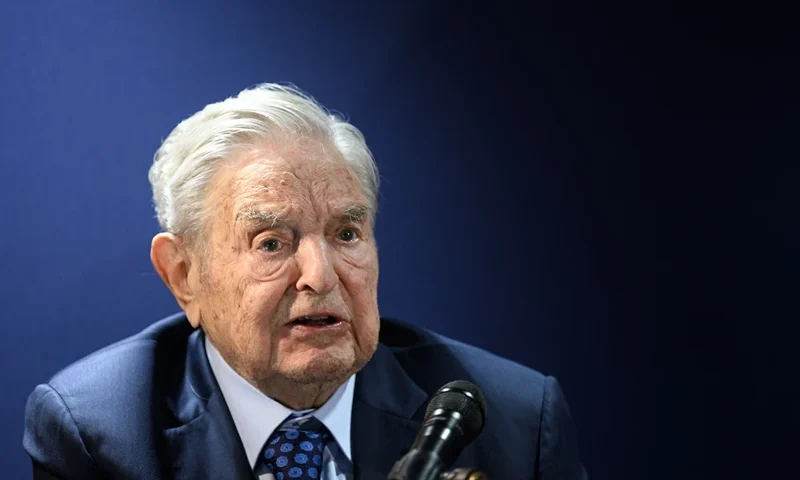 Hungarian-born US investor and philanthropist George Soros answers to questions after delivering a speech on the sidelines of the World Economic Forum (WEF) annual meeting in Davos on May 24, 2022. (Photo by Fabrice COFFRINI / AFP) (Photo by FABRICE COFFRINI/AFP via Getty Images)
