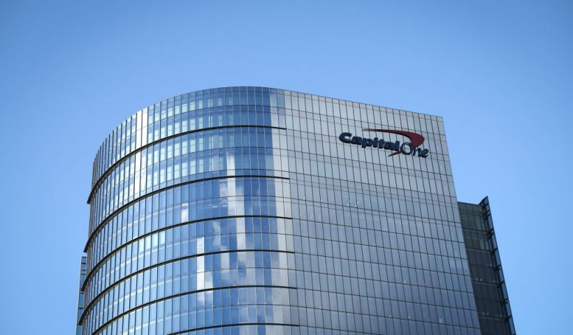 MCLEAN, VIRGINIA - JANUARY 20: The logo for consumer lending firm Capital One Financial Corp is seen on its headquarters on January 20, 2023 in McLean, Virginia. The company has reportedly eliminated up to 1,100 technology positions this week as its digital structure matures. (Photo by Win McNamee/Getty Images)