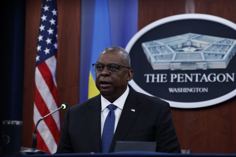 ARLINGTON, VIRGINIA - NOVEMBER 22: U.S. Secretary of Defense Lloyd Austin speaks during a virtual Ukraine Defense Contact Group (UDCG) meeting at the Pentagon on November 22, 2023 in Arlington, Virginia. Austin gave opening remarks to participating members including foreign ministers and secretary of states. (Photo by Anna Moneymaker/Getty Images)