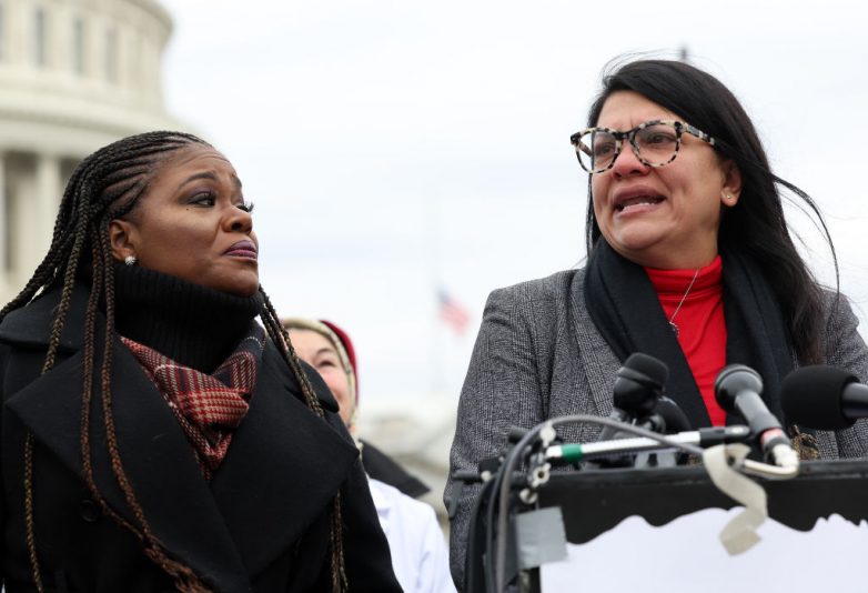 WASHINGTON, DC - DECEMBER 07: U.S. Rep. Rashida Tlaib (D-MI) (R) and Rep. Cori Bush (D-MO) speak at a press conference on the Israel-Hamas war outside of the U.S. Capitol on December 07, 2023 in Washington, DC. A group of Democratic lawmakers joined by members of Doctors Against Genocide called on a permanent ceasefire in Gaza. (Photo by Kevin Dietsch/Getty Images)