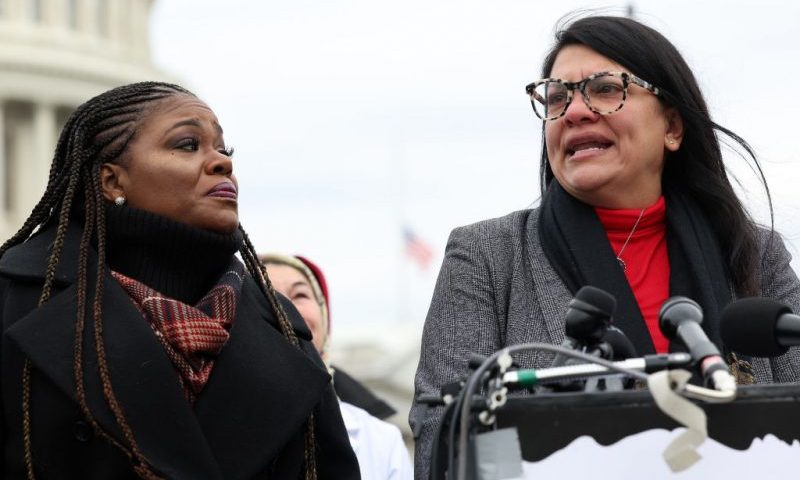 WASHINGTON, DC - DECEMBER 07: U.S. Rep. Rashida Tlaib (D-MI) (R) and Rep. Cori Bush (D-MO) speak at a press conference on the Israel-Hamas war outside of the U.S. Capitol on December 07, 2023 in Washington, DC. A group of Democratic lawmakers joined by members of Doctors Against Genocide called on a permanent ceasefire in Gaza. (Photo by Kevin Dietsch/Getty Images)