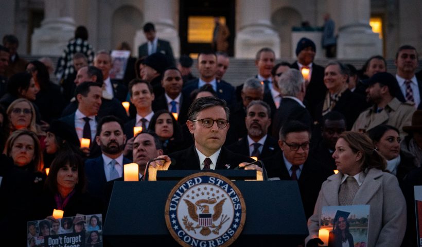 WASHINGTON, DC - JANUARY 17: Speaker of the House Mike Johnson (R-LA) delivers remarks at the base of the steps of the House of the Representatives for a candlelight vigil on January 17, 2024 in Washington, DC. The families of the hostages held by Hamas have gathered in a vigil that has now reached over 100 days since the attack by Hamas on Israel. (Photo by Kent Nishimura/Getty Images)